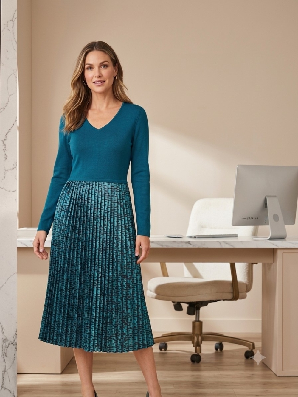 Nina Leonard Teal Pleated Midi Skirt